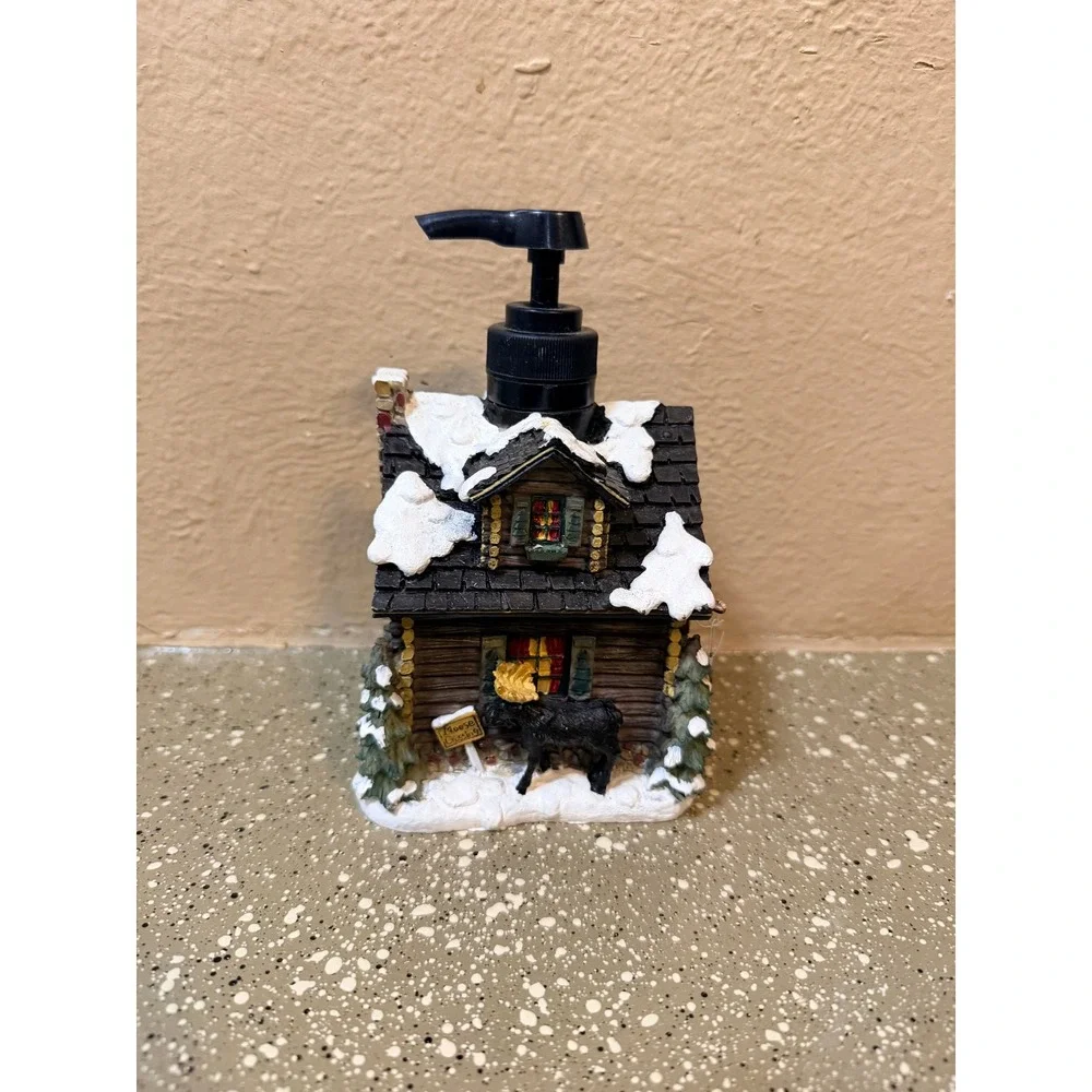 Winter Log Cabin Soap Dispenser Snow Covered Lake Lodge Moose Decor
